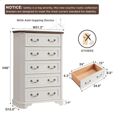 T4TREAM Farmhouse 5 Drawers Dresser for Bedroom, 48" Tall Wood Rustic Chest of Drawers with Natural Texture, Vintage Design, Storage Dressers Organizer for Bedroom, Living Room, Hallway, Antique White - Image 2