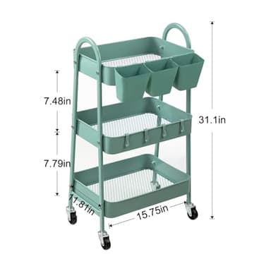 danpinera 3-Tier Rolling Cart, Metal Rolling Storage Cart with Lockable Wheels & Hanging Cups & Hooks, Mobile Trolley for Kitchen, Bathroom, Office, Workshop, Green - Image 2