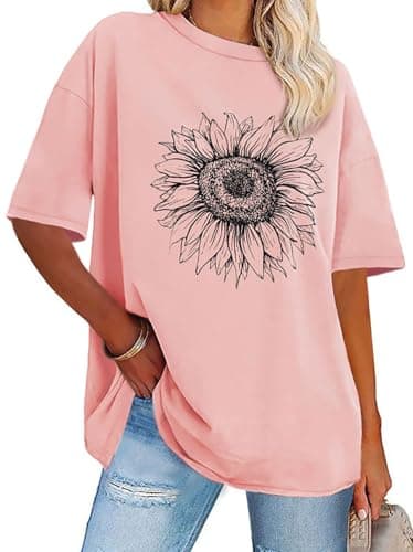 Womens Oversized Tshirt Graphic Tees Crew Neck Summer Short Sleeve Loose Fit Tops（Pink Sunflower, 3XL） - Image 1