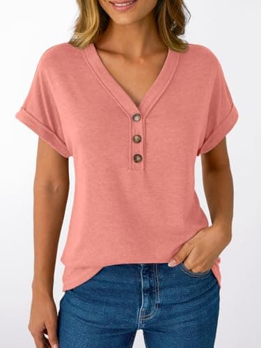 AUTOMET Short Sleeve V Neck T Shirts Womens 2025 Summer Spring Fashion Business Casual Dressy Cute Lightweight Loose Fit Work Tshirts Ladies Blouses Henley Tops Clothes Outfits Clothing Coral - Image 2