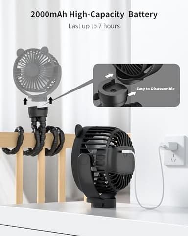 GOTOTO Baby Stroller Fan, Rechargeable Portable Fan with 2000 mAh Battery Operated,3 Wind Speed,360-Degree Rotation,Ultra-Low Noise Level,Safe mini fan for your baby - Image 6
