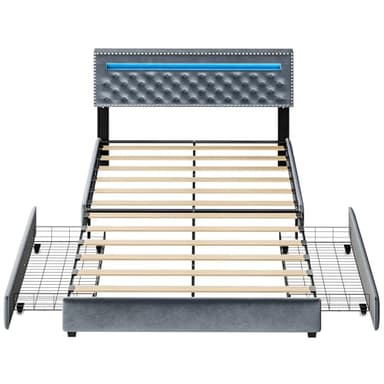 BedsPick Queen Size Bed Frame with LED Lights, Velvet Upholstered Platform Queen Bed Frame with 2 Storage Drawers and Adjustable Headboard, No Box Spring Needed Queen Bedframe, Noise Free, Light Grey - Image 8