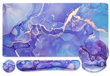4-in-1 Gaming Mouse Pad Wrist Support Set，Desk Pad + Mouse Pad with Wrist Rest + Keyboard Wrist Rest + Coaster, Ergonomic Design for Home Office Study Game - Purple Marble - Image 1