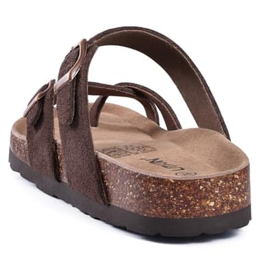 Litfun Women's Genuine Suede Cork Footbed Sandals Comfortable Summer Slides with Adjustable Buckle, Brown 39 - Image 3