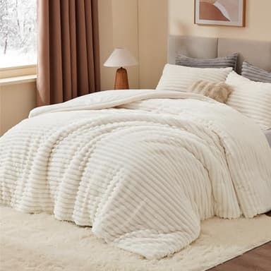 BEDELITE Fleece Full Comforter Set -Super Soft & Warm Fluffy Cream White Bedding, Luxury Fuzzy Heavy Bed Set for Winter with 2 Pillow Cases - Image 2