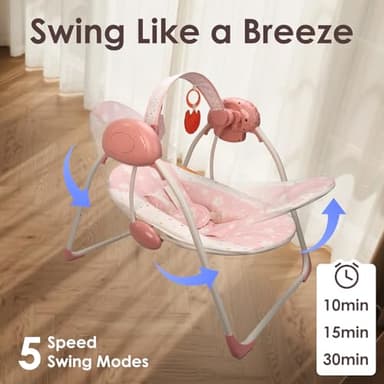 Baby Swings for Infants, Tiny Marvels Portable Swing with Adaptable Speed, Music, Removable-Toy-Bar, Foldable Infant Swing for Indoor and Outdoor Use, 0-9 Months 6-20 lbs(Blush Bloom) - Image 3