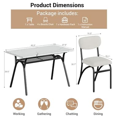 GarveeHome 5-Piece Dining Table Set for 4, Modern Kitchen Table with 4 Boucle Chairs, Rectangular Dining Table with Storage Shelf & Marble Tabletop, Beige Home Dining Furniture for Small Space - Image 2