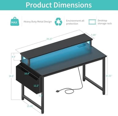 Lufeiya Black Gaming Desk with LED Lights and Power Outlets, 40 Inch Teen Writing Study Table Home Office Desks with Monitor Stand, Computer Desk with Charging Station USB Port, Black - Image 3