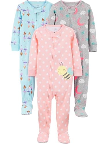 Simple Joys by Carter's Girls' 3-Pack Snug Fit Footed Cotton Pajamas, Ballerina/Bees/Moon, 12 Months - Image 1
