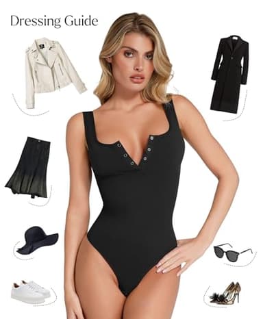 Popilush Bodysuits for Women Tummy Control Country Concert Outfits Date Henley Going Out Tops Black Body Suit Sleeveless Thong Tank Top - Image 4