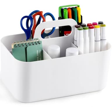 Multiuse Caddy Organizer with Handle - Stackable Plastic Tote Bin - Art Craft Supplies, Office, Desk, Stationery Pen Holder, Kitchen, Utensil, Makeup, Bathroom, Shower, Cleaning, Dorm Organizer -White - Image 8