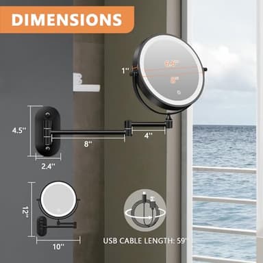 Auxmir 1X/30X Wall Mounted Makeup Mirror with Light, 8" Rechargeable Double-Sided Magnifying Mirror, Vanity Mirror Dimmable 3 Color Light, 360° Extension Rotation Foldable 14.5 Inch Arm, Black - Image 8