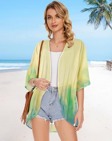 Women's Floral Kimono Print Puff Sleeve Loose Cardigan Cover Up Casual Blouse Tops (Yellow Green Tie-dye, 2XL) - Image 3
