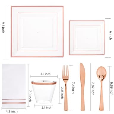 Festiva 350Pcs Rose Gold Plastic Plates - Clear Rose Gold Disposable Dinnerware Sets for 50Guests include 100 Plates 50 Cups 50Plastic Cutlery 50Napkins Perfect for Party&Wedding&Mother's Day - Image 2