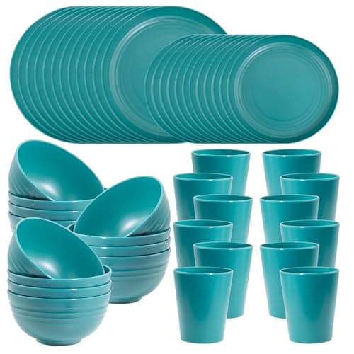 LIYH 48 Pcs Green Wheat Straw Plates and Bowls set - Plastic Dinnerware Set - Dishwasher Safe Camping Plates Dishes Set for 12, Unbreakable Wheat Straw Plate Bowls Reusable 12 Guests - Image 1