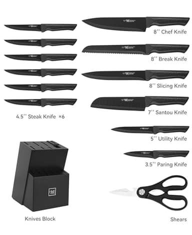 Knife Set, 15 Pcs Kitchen Knife Set with Block Self Sharpening, Dishwasher Safe, 6 Steak Knives, Anti-slip handle, Black - Image 2