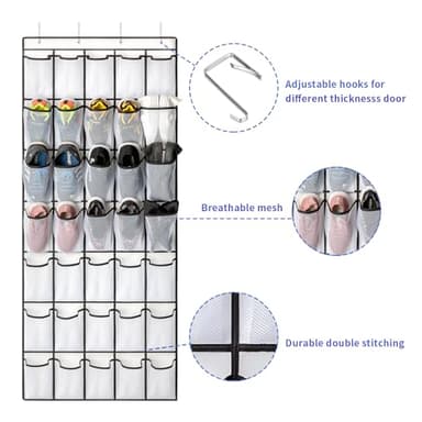 SAVERHO 35 Pockets Over the Door Shoe Organizer, Hanging Shoe Organizer for Door with 35 Mesh Pockets Large Capacity Shoe Hanging Storage Bag with 4 Metal Hooks (White-1Pack) - Image 2