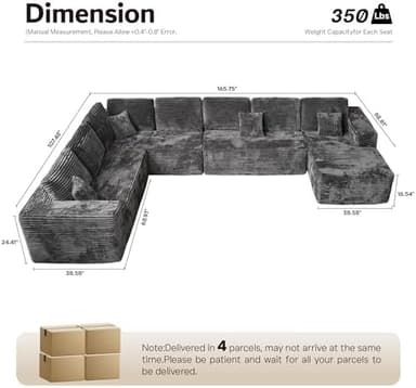 ovios Sectional Cloud Couch for Living Room, Modular Floor Sofa with Plush Corduroy, No Assembly Required, Big Comfy Couches Set with Fluffy Memory Foam, Stupendous U Shaped Sofas with Chaise, Grey - Image 3