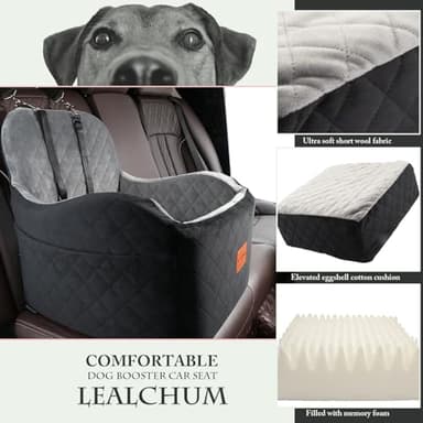 Lealchum Dog Booster Car Seat for Small/Medium Dogs,6in Memory Foam Elevated Cushion,Fully Detachable and Washable,2 Clip-On Safety Leashes,Anti-Slip Base(Black/Grey,Medium) - Image 4
