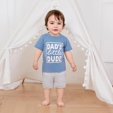 Kupretty Toddler Baby Boy Summer Clothes Letter Graphic Short Sleeve Shirt T-Shirt Tops + Casual Shorts Outfit Set (Dad's Little Dude Blue, 3-6 Months) - Image 2