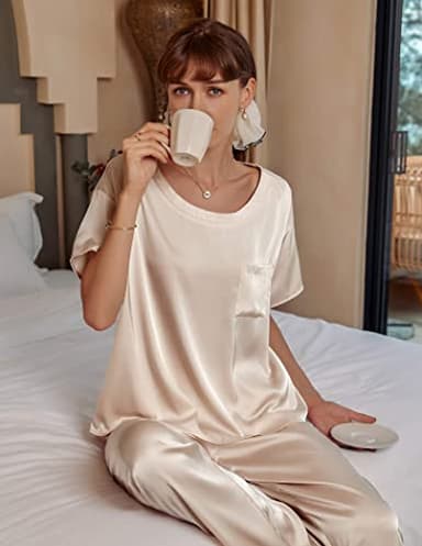 Ekouaer Womens Silk Satin Pajamas Set Two Piece Pj Sets Sleepwear Loungewear Short Sleeve Pj Sets Champagne - Image 4