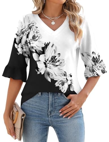 LOMON 3/4 Length Sleeve Womens Tops Business Casual Ladies Summer Blouses Loose Fit Tees Cute Tunic (A2 Black White Floral,Large) - Image 1