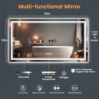 SOGOLINE 55x30 Inch Lighted Bathroom Mirror for Wall, Tempered Glass Smart Led Bathroom Mirror with Anti-Fog, Stepless Dimmable, 3 Colors, Memory, Brighter Led Bathroom Vanity Mirror - Image 8