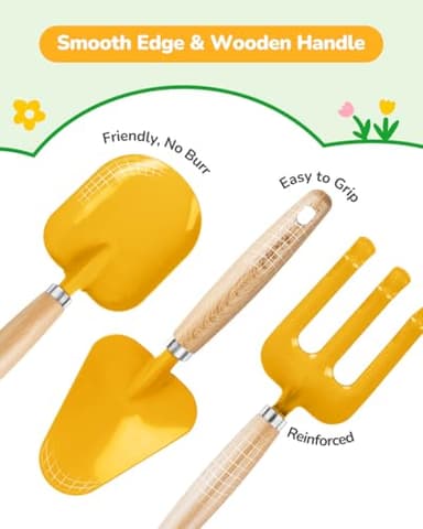 Grenebo Kids Gardening Set Toys,Includes Metal Trowel,Transplanting Shovel,Garden hat,Rake,Apron,Gloves,Watering Can,and Tool Organizer Bag (Yellow) - Image 3