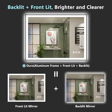 AWANDEE 40x30 Black Framed LED Bathroom Mirror with Lights, Backlit + Front Lit, Anti-Fog Lighted Vanity Mirror for Bathroom Wall with 3 Colors, Dimmable, Memory, Tempered Glass, Horizontal/Vertical - Image 4