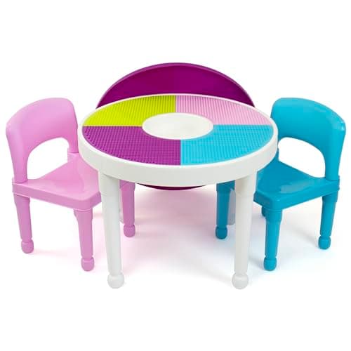 Humble Crew Forever Toddler 2-in-1 Plastic Building Blocks-Compatible Activity 2, Round, White/Pink/Purple/Turquoise Kids Table and Chairs Set - Image 1