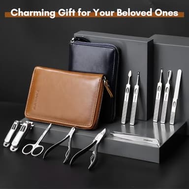 FAMILIFE Manicure Set, Professional Manicure Kit Nail Clippers Set 11 in 1 Stainless Steel Pedicure Tools Nail Kit Men Grooming Tool with Portable Brown Leather Travel Case Luxury Gifts for Him - Image 7