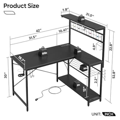 Bestier 42 L Gaming Desk,Computer Desk with Power Outlets, LED Lights, Reversible Corner Desk with 4-Tier Shelves,Cup Holder & Hook Carbon Fiber Black - Image 2