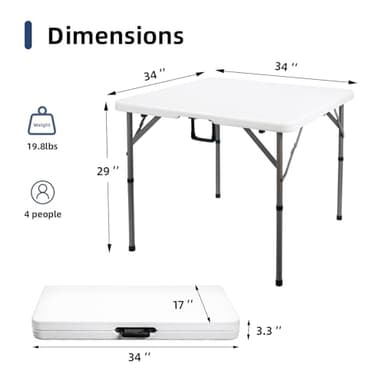 Byliable 34" Square Folding Card Table, Fold-in-Half Utility Dining Portable Table Heavy Duty HDPE White Plastic Foldable with Carrying Handle Indoor Outdoor for Picnic, Camping, Party - Image 3