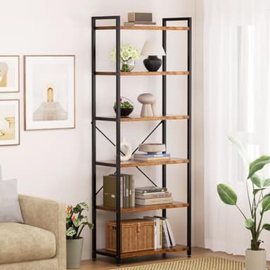 Casaottima Book Shelf, 6 Tier Tall Bookshelf, Modern Wood Bookcase Shelves for Bedroom, Industrial Display Shelf for Living Room Home Office Kitchen, Standing Shelving Unit Storage Organizer, Vintage - Image 3