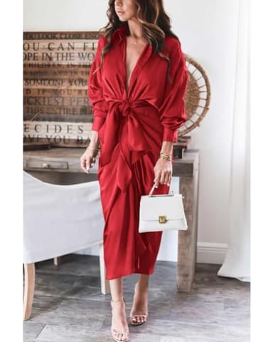 BTFBM Maxi Dresses for Women Fall 2025 Long Sleeve Lapel Neck Button Down Elegant Satin Belted Ruched Summer Shirt Dress(Red, Large) - Image 3