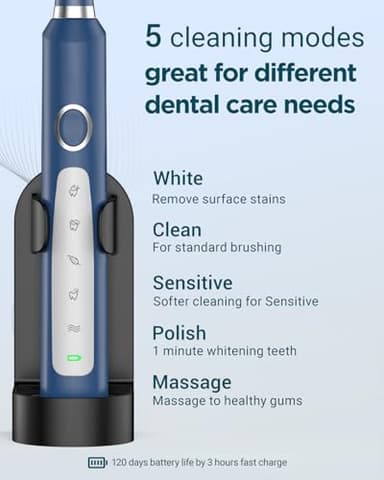 Rtauys Sonic Electric Toothbrush for Adults - Rechargeable, 41,000 Vibrations per Minute, Teeth Whitening, 8 Brush Heads, 24 Months of Usage, Blue - Image 5