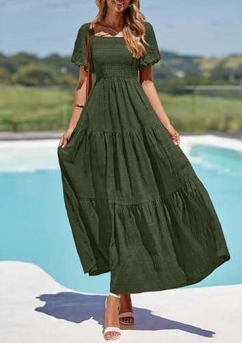 PRETTYGARDEN Womens Summer Puff Short Sleeve Maxi Dress Square Neck Smocked Tiered Ruffle A Line Long Flowy Beach Dresses (Army Green,Large) - Image 3