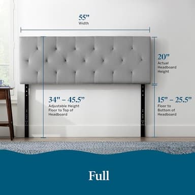 Lucid Mid-Rise Upholstered Headboard - Diamond Tufted - Padded Polyester - Adjustable Height from 34” to 46” - Easy Assembly - Bed Frame or Wall Mount - Sturdy - Stone - Full / Full XL Size - Image 2