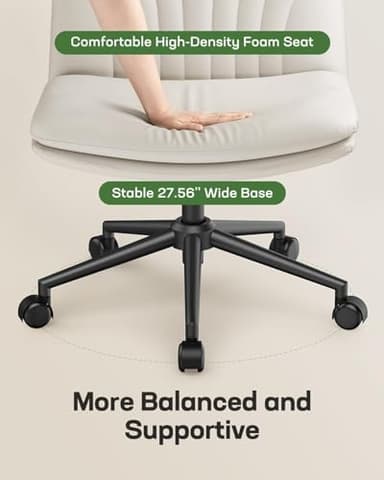 Marsail Armless-Office Desk Chair with Wheels: PU Leather Cross Legged Wide Chair,Comfortable Adjustable Swivel Computer Task Chairs for Home,Office,Make Up,Small Space,Bed Room(Light Beige) - Image 7