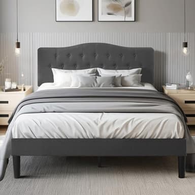 VECELO Full Size Bed Frame Upholstered Platform with Tufted Adjustable Headboard/Mattress Foundation Wood Slat Support/Easy Assembly,Grey - Image 5