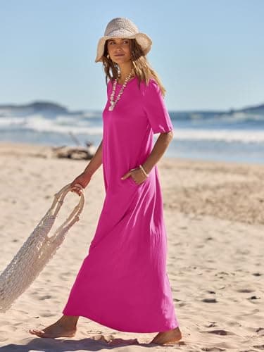 MEROKEETY Women's 2025 Summer Maxi Dress Casual Short Sleeve Beach Vacation Crewneck Basic Long T Shirt Dresses, Rose, Medium - Image 2