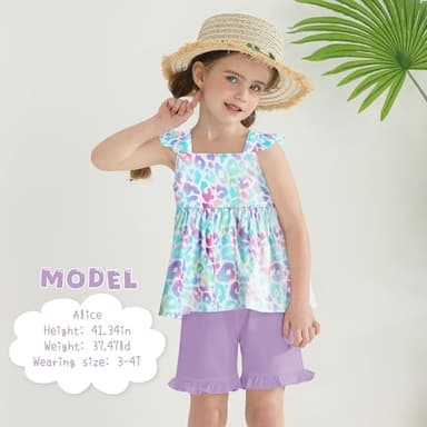 YUEMION Toddler Girl Clothes, 2Pcs Baby Girl Summer Outfits Ruffle Sleeveless Shirts Floral Tops + Shorts Clothing Set(Colorful Leopard + Purple, 2-3T) - Image 2