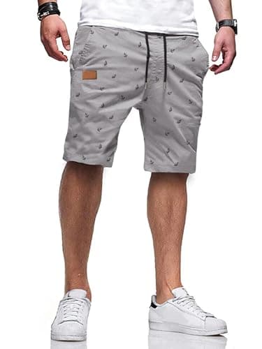 JMIERR Mens Casual Shorts - Fashion Cotton Drawstring Summer Beach Stretch Waist Twill Chino Golf Cruise Shorts with Pockets for Men 8 Inch Inseam, US 36(L), Coconut Tree Printed Grey - Image 1