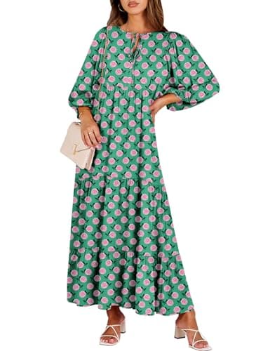 ANRABESS Womens Boho Maxi Dresses 2025 Summer V Neck Puff Sleeve Floral Flowy Swing Fall Casual Long Dress Green Small - Image 1