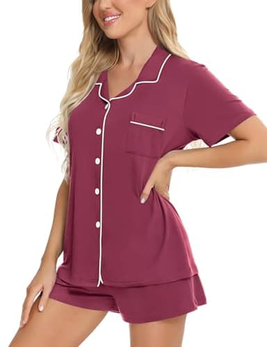 SWOMOG Womens Button Down Pajamas Set Short Sleeve Sleepwear Bride Soft Pj Lounge Sets XS-3XL Burgundy Large - Image 2