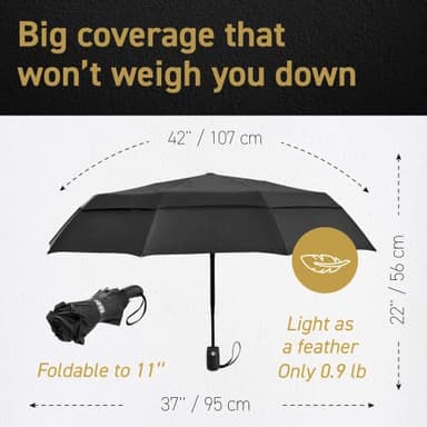 EEZ-Y Travel Umbrellas for Rain - Wind Resistant w/Open Close Button - Black - Image 2
