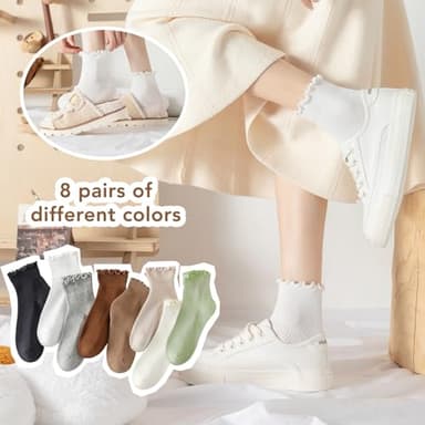 Fandecie Frilly Socks - 8 Pairs, Ruffle Ankle Socks for Girls & Women, Solid Color Lettuce Edge Comfort Breathable One Size 5-9, White, Black & Grey - Image 7