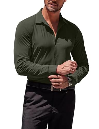 COOFANDY Men's Button Down Shirt Casual Dress Shirts Wrinkle Free Muscle Fitted Shirt Olive Green - Image 3
