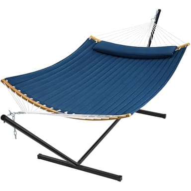 SUPERJARE Curved-Bar Hammock with Stand, 2 Person Heavy Duty Hammock Frame, Detachable Pillow & Portable Carrying Bag, Perfect for Outdoor & Indoor, Navy Blue - Image 1