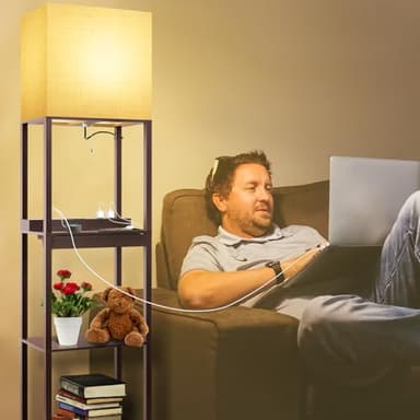 RUNTOP Floor Lamp with Shelves, Modern Standing Lamp with Wireless Charger, 1 Drawer and 2 USB Ports & 2 Power Outlet, 15W LED Bulb 3 Colors, Memory Function, Shelf Lamp for Living Room and Bedroom - Image 6